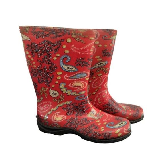 Sloggers Floral Rain Boots Women 9 Red Slip- On Fall Winter Calf Height - Picture 4 of 8